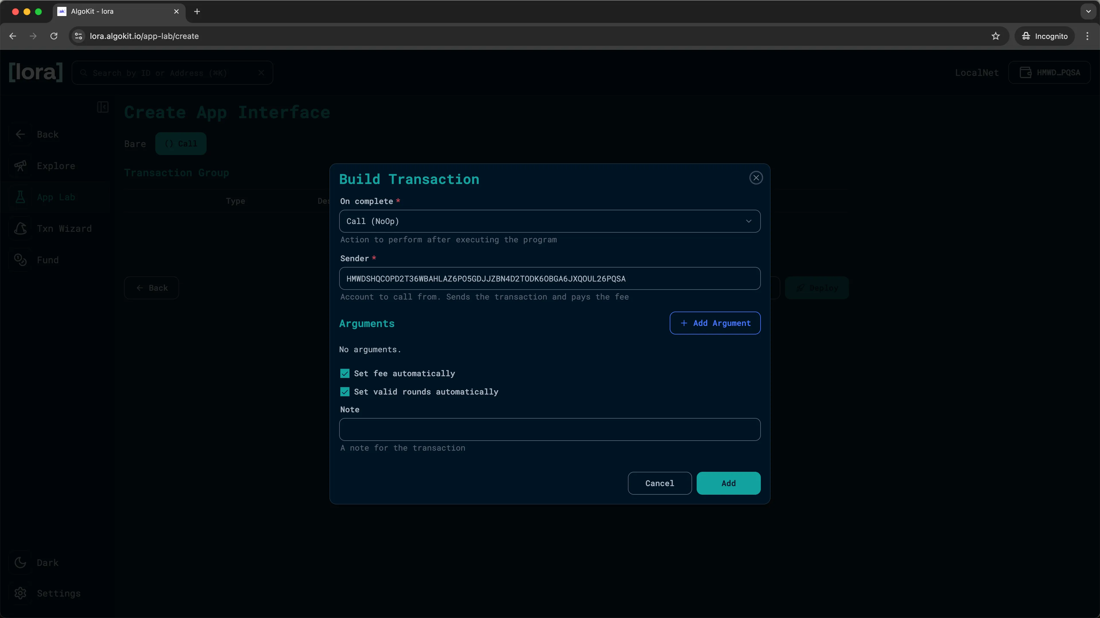 Lora: Create new transaction